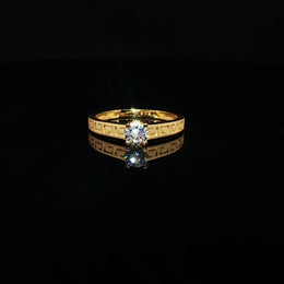 22K Yellow Gold Solitaire Ring with Round Brilliant Cubic Zirconia, Engraved Band