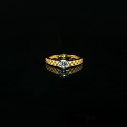 22K Yellow Gold Textured Solitaire Ring with Brilliant-Cut Cubic Zirconia