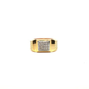 Yellow Gold Multistone Ring with Round Cut American Diamonds and Intricate Side Carvings