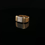Yellow Gold Multistone Ring with Round Cut American Diamonds and Intricate Side Carvings