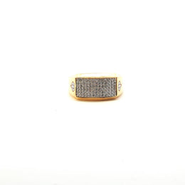 Yellow Gold Band Ring with Round Cut American Diamonds and Diamond Symbol Carvings