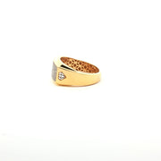 Yellow Gold Band Ring with Round Cut American Diamonds and Diamond Symbol Carvings