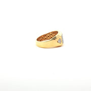 Yellow Gold Band Ring with Round Cut American Diamonds and Diamond Symbol Carvings
