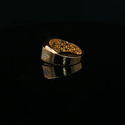 Yellow Gold Band Ring with Round Cut American Diamonds and Diamond Symbol Carvings