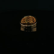 Yellow Gold Band Ring with Round Cut American Diamonds and Diamond Symbol Carvings