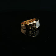 Yellow Gold Band Ring with Round Cut American Diamonds and Diamond Symbol Carvings