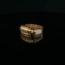 Men’s Yellow Gold Rectangle Ring with Round Cut American Diamonds and Versace-Inspired Top Design