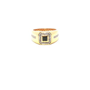 Yellow Gold Ring with Round Cut American Diamonds in Channel Setting and Black Stone Center